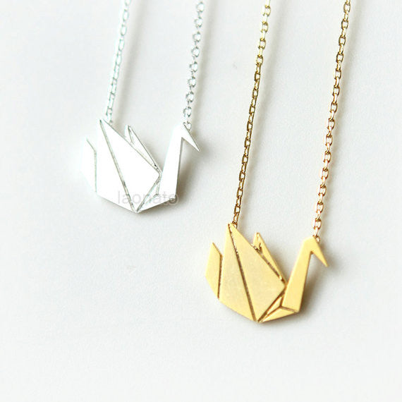 Origami Swan Necklace, Gold Swan Jewelry, Swan Pendant, Swan Charm, Paper 2024 Swan Necklace, BFF Gift, Geometric Swan, Origami Animal Necklace